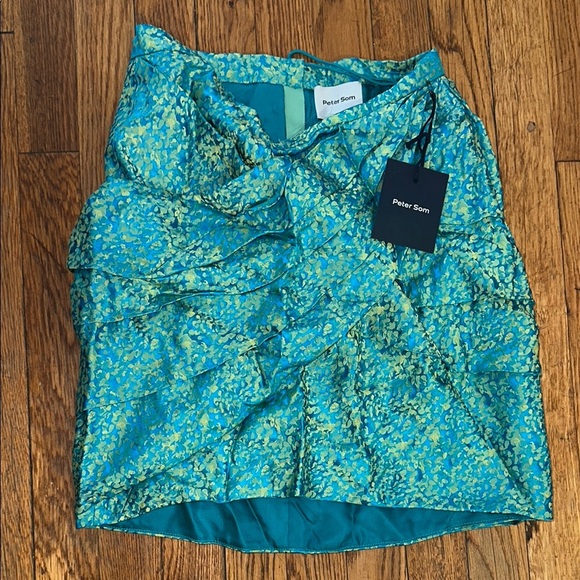 NWT Peter Som ruched Silk blend Blue Green mini Ruffle Skirt 6